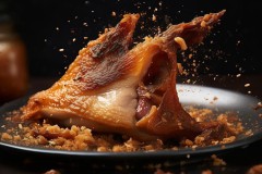 金黄酥脆烤鸭皮入口即化，蘸糖吃法激发浓郁油脂香气